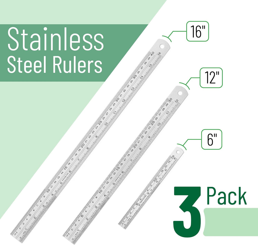 - Metal Straight Edge Ruler, 3 Pcs, 6", 12", 16" | Stainless Steel Ruler Set, Imperial & Metric Measurements for Drawing, Home, Office, Engineering