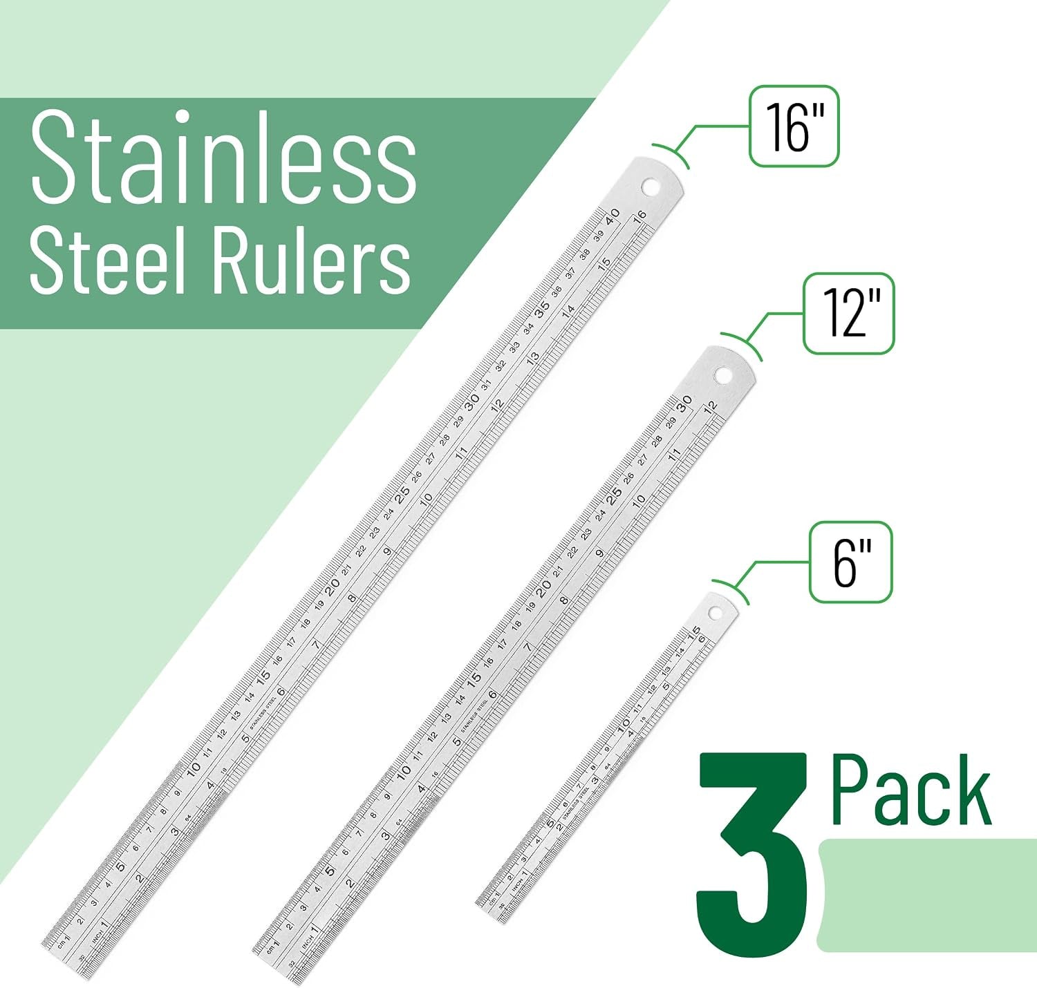 - Metal Straight Edge Ruler, 3 Pcs, 6", 12", 16" | Stainless Steel Ruler Set, Imperial & Metric Measurements for Drawing, Home, Office, Engineering