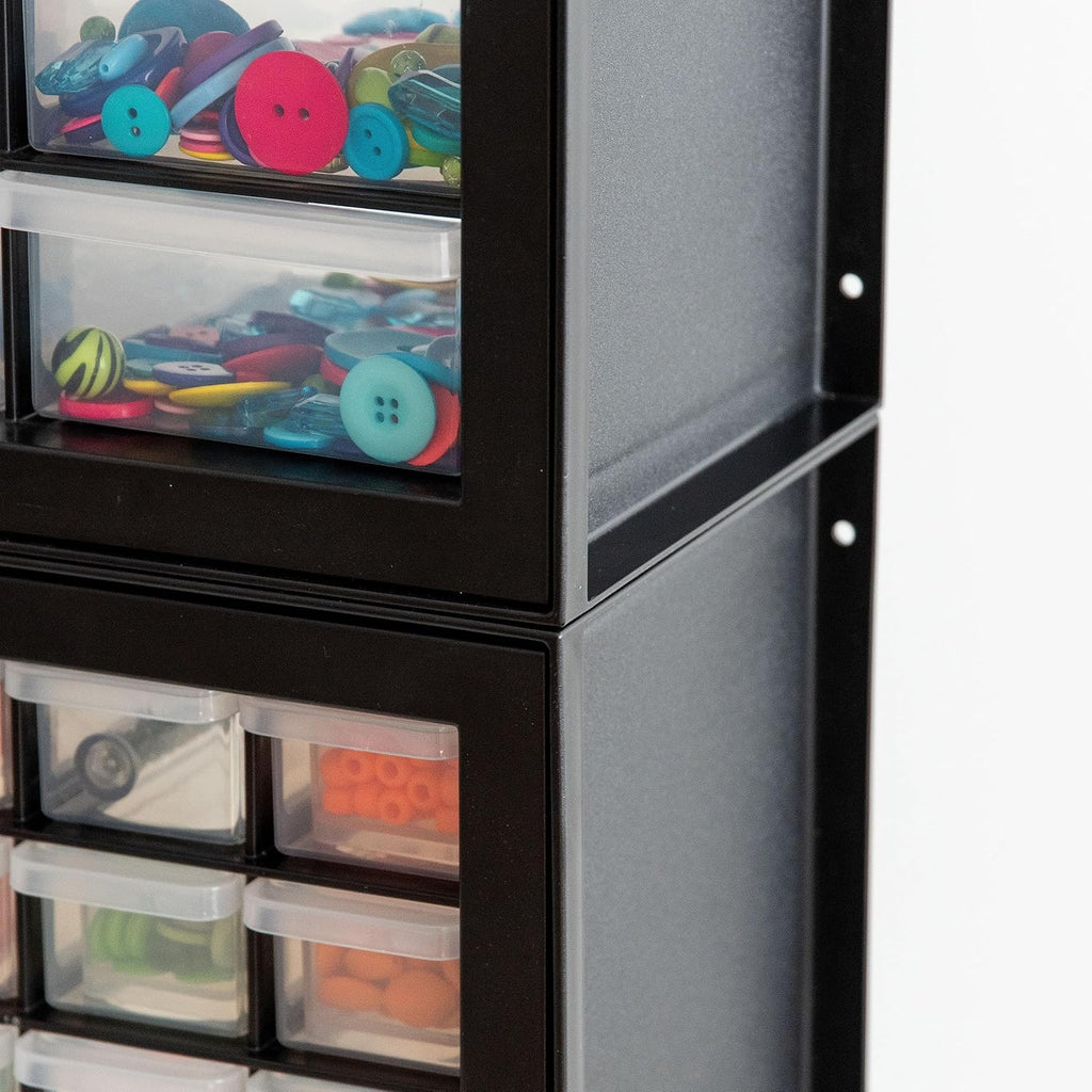 24-Drawer Plastic Storage Organizer, Made in USA, Teacher Toolbox, Multi Drawer Cabinet for Garage Tools Beads Balloons Building Bricks Crafts Stickers Small Business Scrapbook Art, Black
