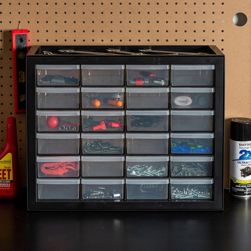 24-Drawer Plastic Storage Organizer, Made in USA, Teacher Toolbox, Multi Drawer Cabinet for Garage Tools Beads Balloons Building Bricks Crafts Stickers Small Business Scrapbook Art, Black