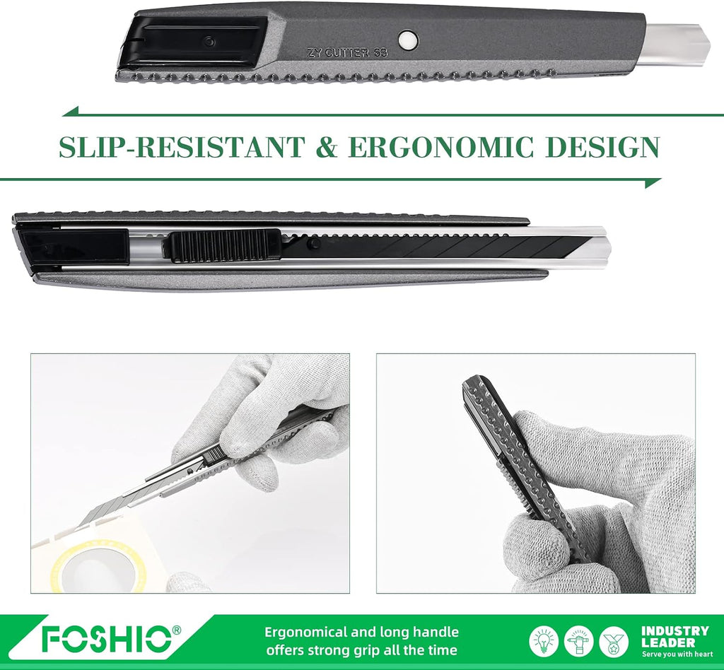 Utility Knife Retractable with 10PCS Snap off Blades, Stainless Steel Shell with Non-Slip Handle Box Cutter for Cardboard, Boxes and Cartons