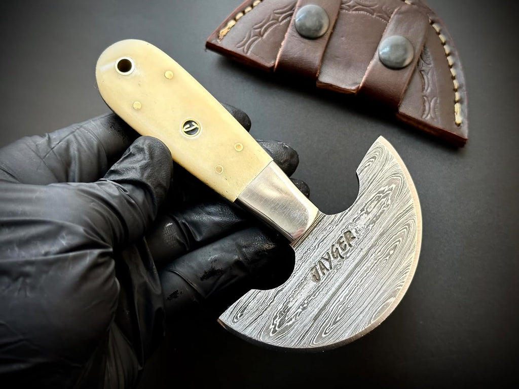 Handmade Damascus Steel round Head Leather Cutting Knife | Bone Handle - Premium Craftsmanship for Precision Cuts | Durability (Qd10-Bone)